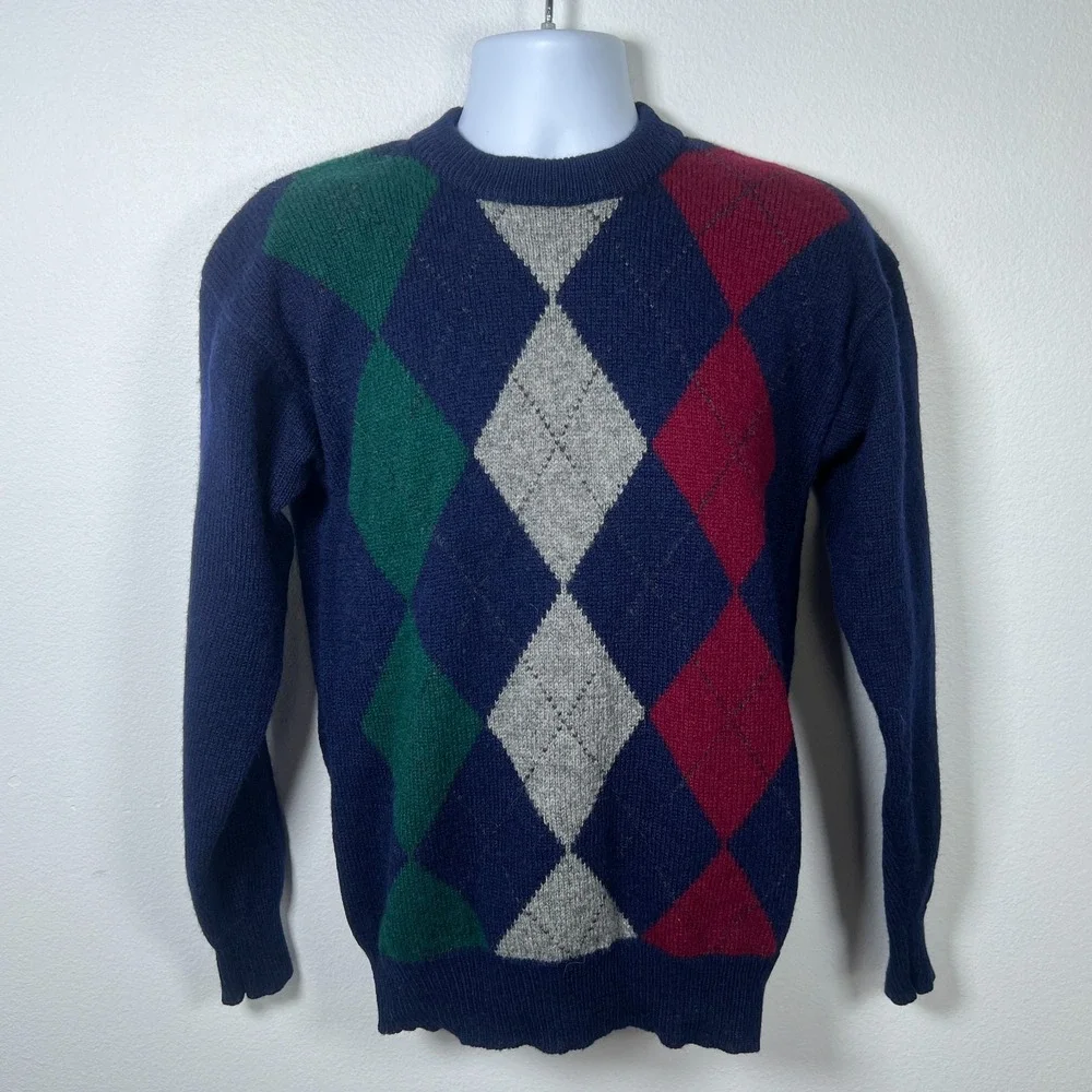 Vintage Mens 90s Argyle Shetland Wool Sweater Sz M Preppy Golf Ski Retro Classic